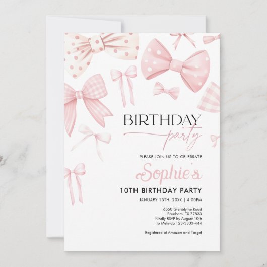 Coquette Rose Bow Invitation Anniversaire (Devant)