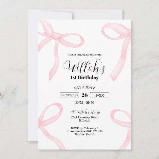Coquette Rose Bows Anniversaire Invitation (Devant)
