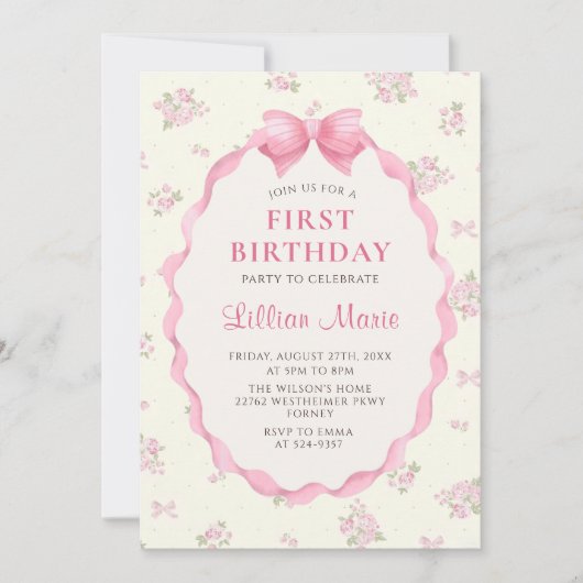 Coquette Rose Floral Bow Invitation Anniversaire (Devant)