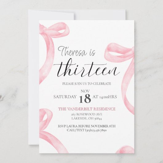 Coquette rose mignonne 13e anniversaire Invitation (Devant)