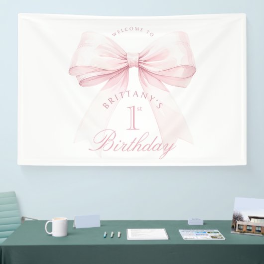 Coquette Roze Boog Eerste Verjaardag Spandoek (Beurs)