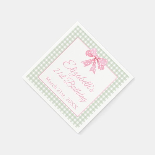 Coquette roze boog en sage gingham 21e verjaardag servet (Hoek)