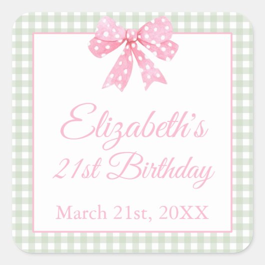 Coquette roze boog en sage gingham 21e verjaardag vierkante sticker (Voorkant)