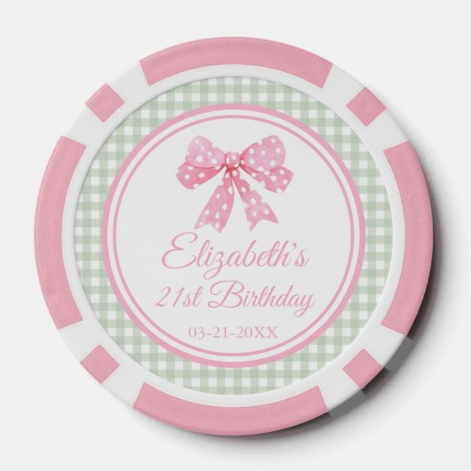 Coquette roze boog en sage gingham verjaardag poker chips (Achterkant)