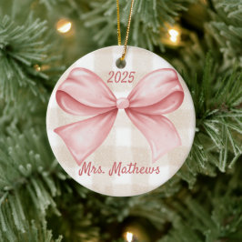 Coquette Roze Boog Leraar Custom Kerstmis Keramisch Ornament