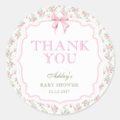 Coquette roze boog meisje Baby shower dank u Ronde Sticker (Voorkant)