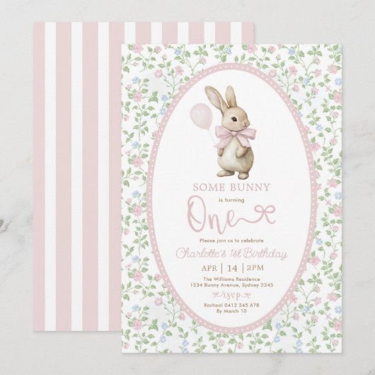 Coquette Roze Bow Bunny Konijn Meisje 1e Verjaarda Kaart (Voorkant / Achterkant)