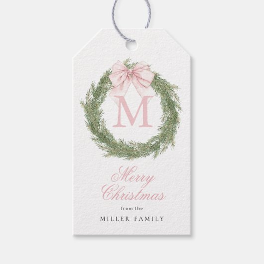 Coquette Roze Bow Monogram Krans Kerstmis Cadeaulabel (Voorkant)