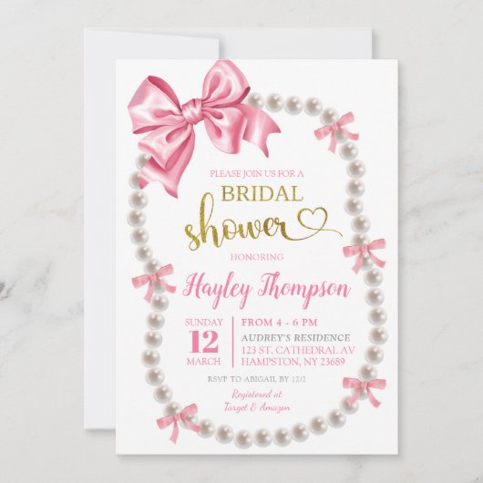 Coquette Roze Bow Parels Bruids Douche Uitnodiging (Voorkant)