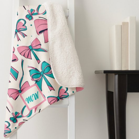 Coquette roze en blauwgroen bogen monogram sherpa deken