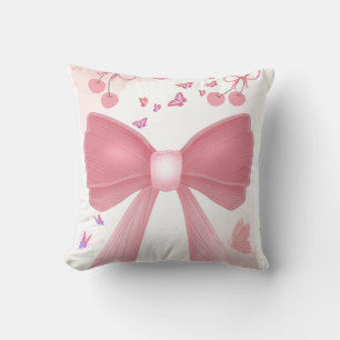 Coquette Roze Strik en Kersen Esthetische Collage Kussen