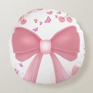Coquette Roze Strik en Kersen Esthetische Collage Rond Kussen