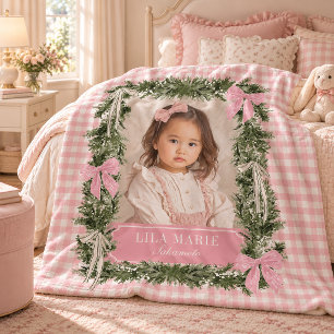 Coquette Roze Strik Gingham Groen Foto Fleece Deken