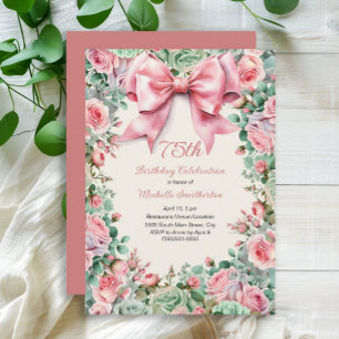 Coquette Roze Strik Mintgroene Bloemen 75e Verjaar Kaart