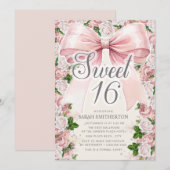 Coquette Roze Strik Ouderwetse Bloemen Sweet 16 Kaart (Voorkant / Achterkant)