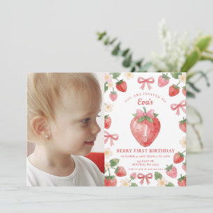 Coquette Roze Strikende Aardbei Eerste Verjaardag  Kaart