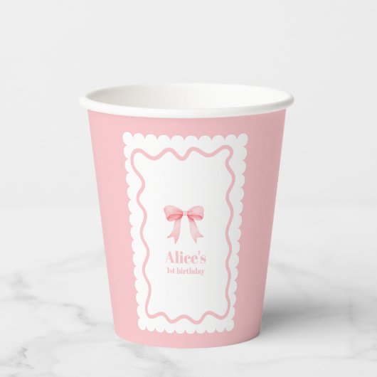 Coquette Roze Waterverf Boog 1e Verjaardag Papieren Bekers (Voorkant)