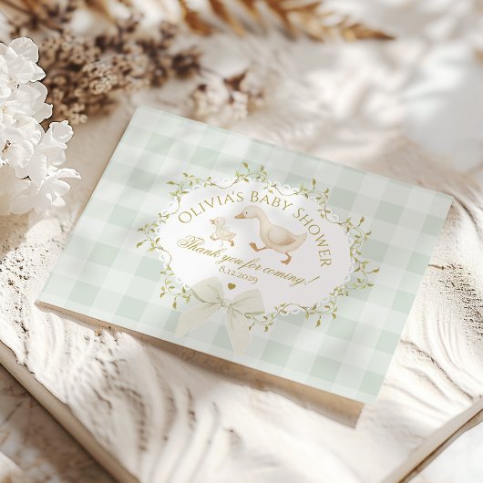 Coquette Silly Goose Sage Gingham Baby Shower Bedankkaart