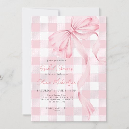 Coquette Strik Blush Geruite Roze Lint Bruiloftsfe Kaart (Voorkant)