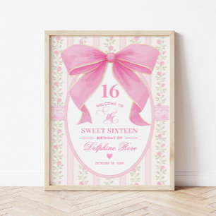 Coquette Sweet 16 Roze Strik Bloemen Welkom Poster