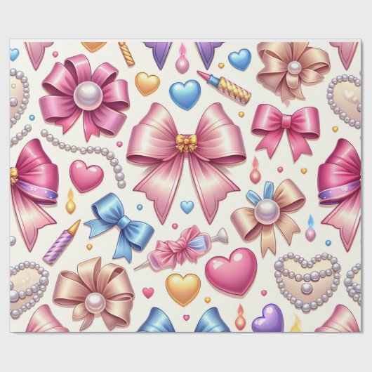 Coquette Verjaardag Wrapping Papier, Bogen, Parels Cadeaupapier (Vlak)