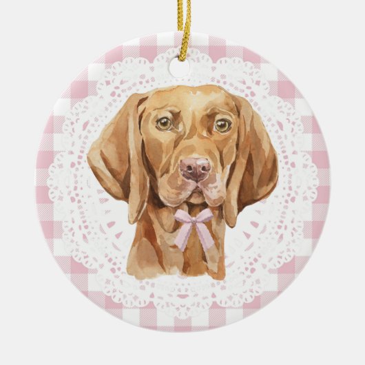 Coquette Vizsla Dog Pink Gingham Bows Keramisch Ornament (Voorkant)