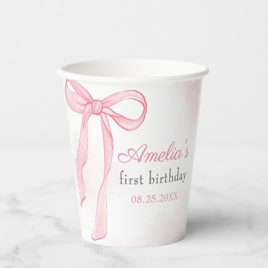 Coquette Waterverf Roze Schattigee strik Verjaarda Papieren Bekers (Voorkant)