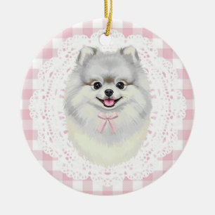Coquette Witte Pomeranian Hond Roze Gingham Strikj Keramisch Ornament