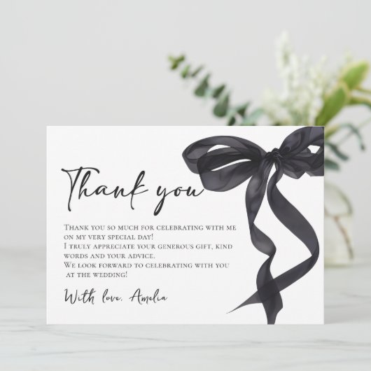 Coquette Zwarte Strik Bruidsfeest Bedankkaart (Staand voorkant)