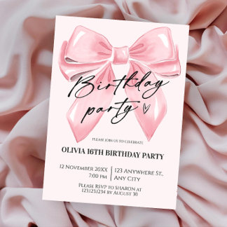 Coquettish Bow Pink Birthday Invitation
