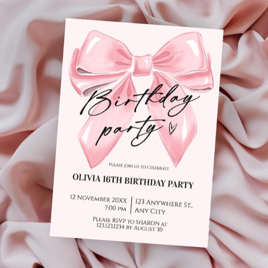 Coquettish Bow Pink Birthday Invitation