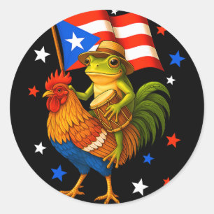 Coqui Kikker Rijdt Kip En Drum Boricua Vlag Pu Ronde Sticker