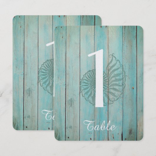 Coquillage bleu sur numéro de table de mariage en  (Devant / Derrière)