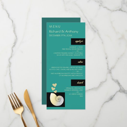 Coquillage et Coeurs, Menu Mariage plage (Devant/Arrière en situation)