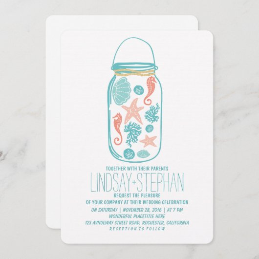 Coquillages mason jar plage invitations mariage (Devant / Derrière)
