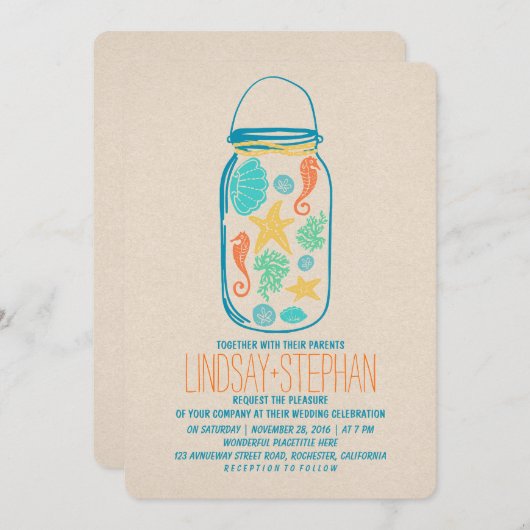 Coquillages mason jar plage invitations mariage (Devant / Derrière)