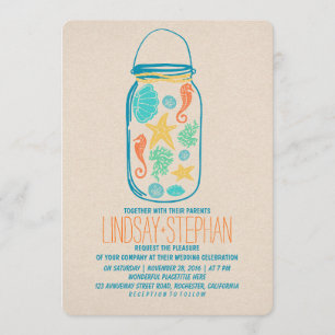 Coquillages mason jar plage invitations mariage