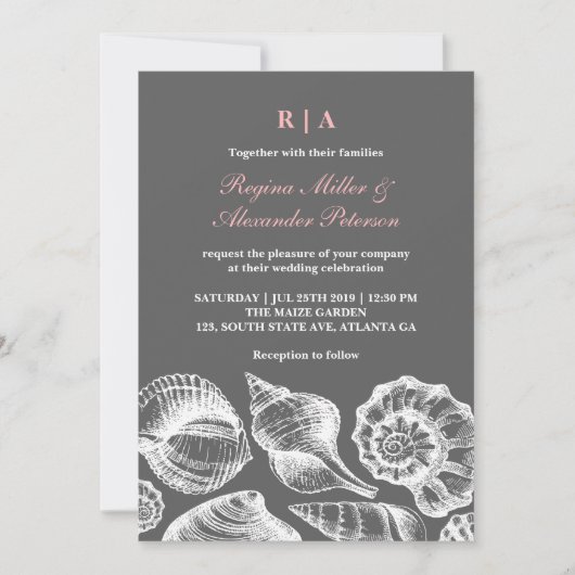 Coquillages rose gris Plage Mariage Invitation (Devant)