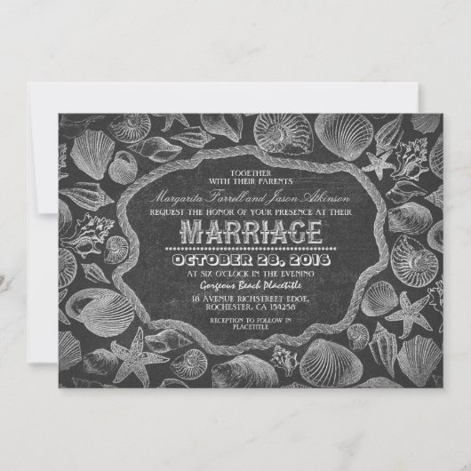 Coquillages vintages noir plage mariage invitation (Devant)