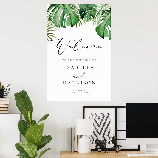 CORA Tropical Beach Palm Leaf Weddenschap Welcome Poster (Thuiskantoor)