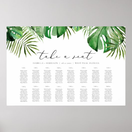 CORA Tropische Waterverf Palm Leaf Seating Chart Poster (Voorkant)