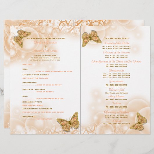 Coraal goudvlinderbruiloftsprogramma (Voorkant / Achterkant)
