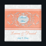 Corail, Aqua, et aimant gris de faveur de mariage<br><div class="desc">Ces corail,  aqua,  blanc,  et faveur grise de mariage damassé vous remercient des matchs d'aimant le faire-part de mariage et d'autres articles montrés ci-dessous. Si vous rquire des autres produits assortis,  envoyez svp niteowlstudio@gmail.com.</div>