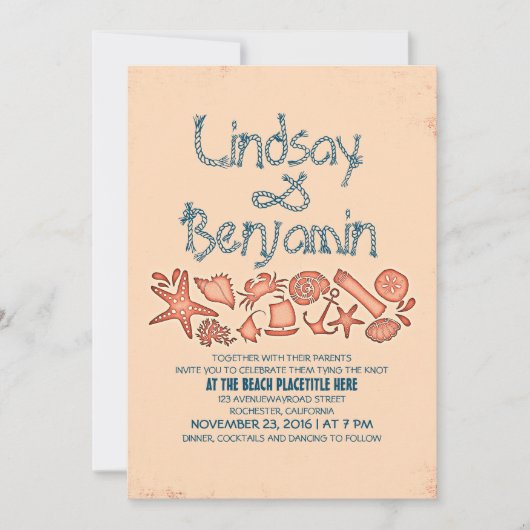 corail bleu marine marine invitations de mariage (Devant)