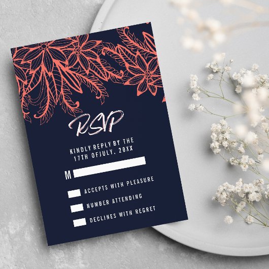 Corail bleu marine moderne été fleurs Mariage RSVP