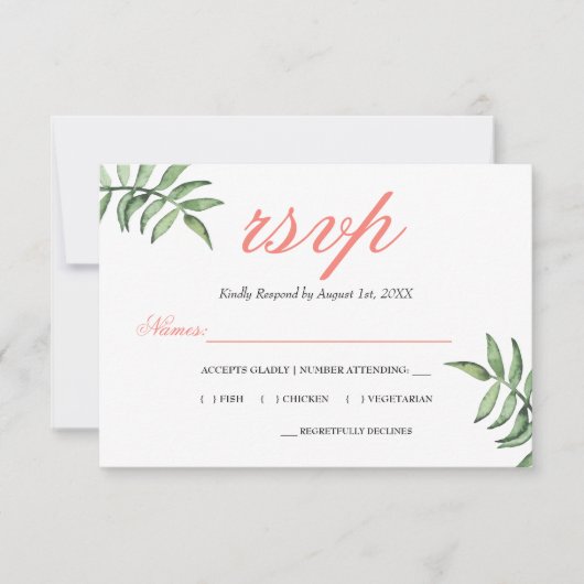 Corail botanique moderne Mariage vert RSVP (Devant)