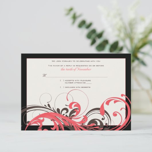 Corail, Brown, Black Floral Mariage Carte de répon (Debout devant)