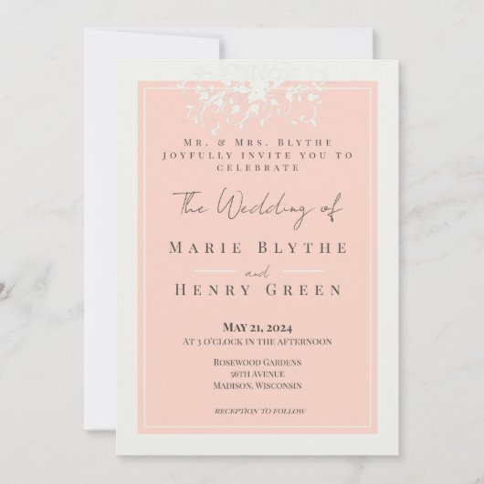 Corail & Crème Filigree Élégant mariage Invitation (Devant)