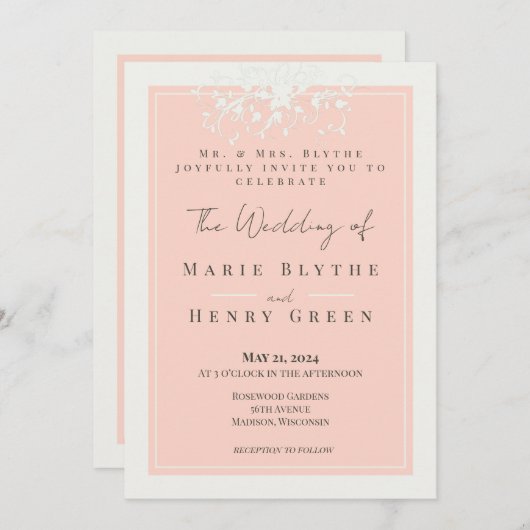 Corail & Crème Filigree Élégant mariage Invitation (Devant / Derrière)