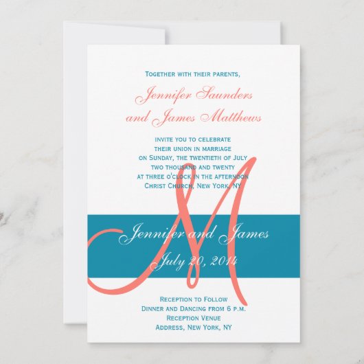 Corail Custom Blue Faire-part de mariage moderne (Dos)